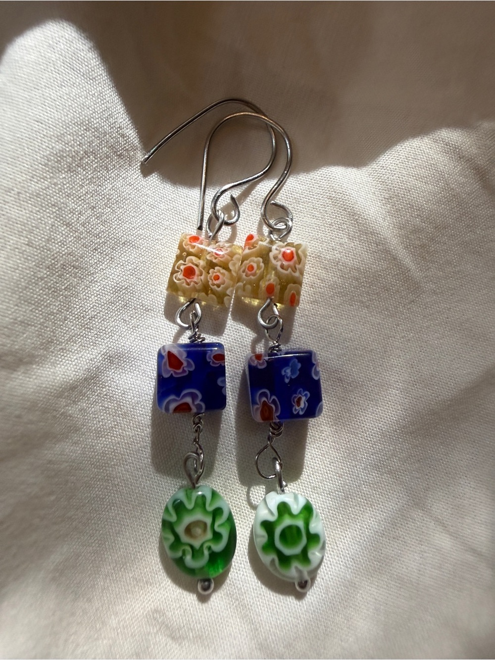 Handmade Multicolor Millefiori Glass Dangle Earrings - Green, Blue & Cream